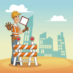 Worker with tool on cityscape cartoon icon vector illustration graphic design