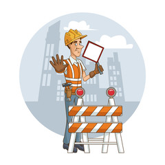 Worker with tool on cityscape cartoon icon vector illustration graphic design