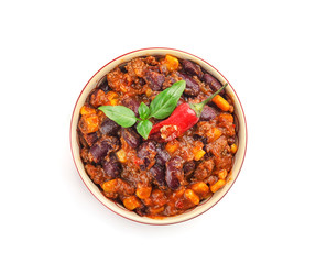 Chili con carne in bowl on white background