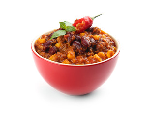 Chili con carne in bowl on white background