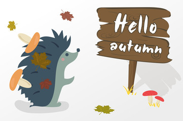 Hello autumn! hedgehog with mushrooms and yellow leaves on the back reads the inscription on the wooden pointer.