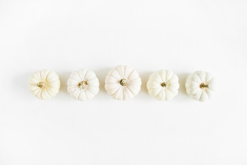 Fototapeta na wymiar White pumpkins. Fall autumn minimal concept. Flat lay, top view. Christmas background.