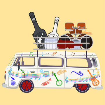 Music tour bus vector flat illustration