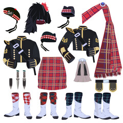 Scottish traditional clothing vector icon set