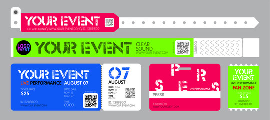 Ticket and bracelets for entrance to the event. Live performance entrance vector tickets and bracelets templates. Dance, Music or Concerts. entrance to fan zone