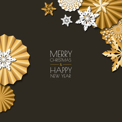 Merry Christmas, Happy New Year greeting card. Vector golden and white paper decoration snowflakes, stars.