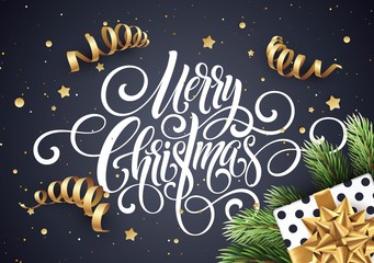 Fototapeta premium Merry Christmas handwriting script lettering. Christmas congratulatory background with a gift, streamers, confetti. Vector illustration