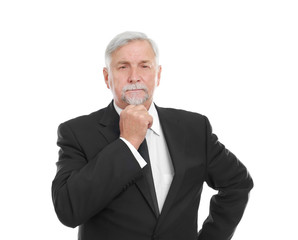 Elderly man in black suit on white background