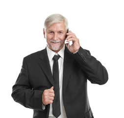 Elderly man talking by mobile phone on white background