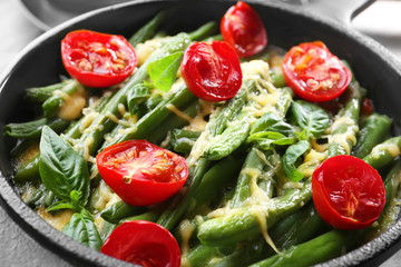 Frying pan with delicious green bean casserole, closeup