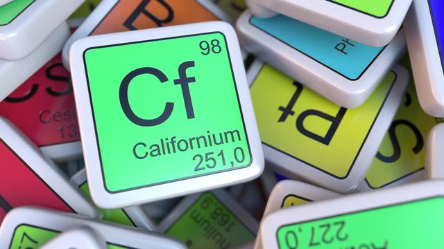Californium Cf block on the pile of periodic table of the chemical elements blocks. Chemistry related intro animation