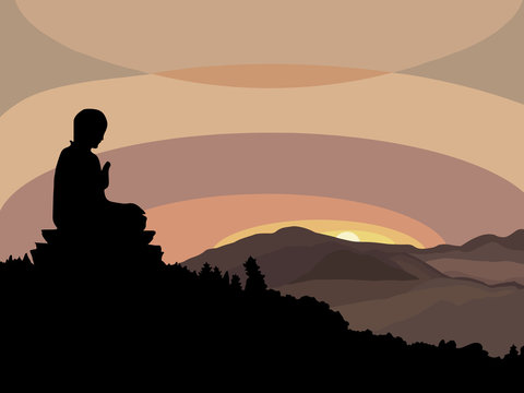 Young man meditating in lotus pose at sunset sitting on mountain peak. Healthy lifestyle and mindful meditation concept illustration vector.