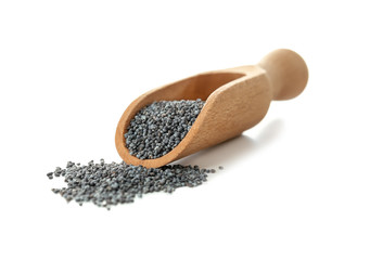 Scoop with poppy seeds on white background