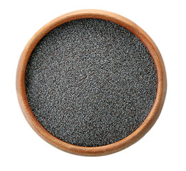 Bowl with poppy seeds on white background