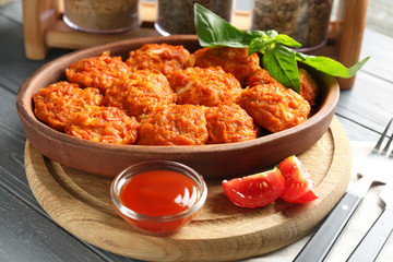 Plate with tasty sausage balls on table