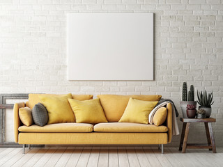 Mock up poster with yellow sofa, cactus and wooden frame, 3d illustration - obrazy, fototapety, plakaty