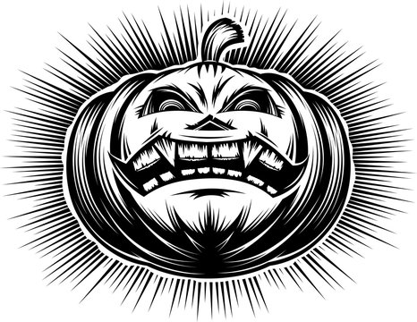 Evil pumpkin with open mouth with tooth and sinister eyes. A cartoon icon of main symbol of Halloween holiday. Vector illustration in a hand drawing retro graphic style for stamping print or tattoo.