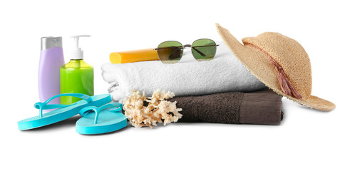 Composition with summer accessories on white background