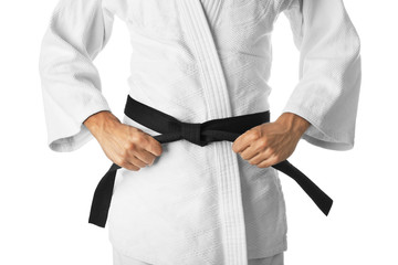 Male karate instructor on white background