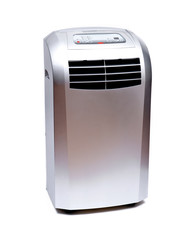 Medium room portable single hose air conditioner with window mounting kit isolated on white...