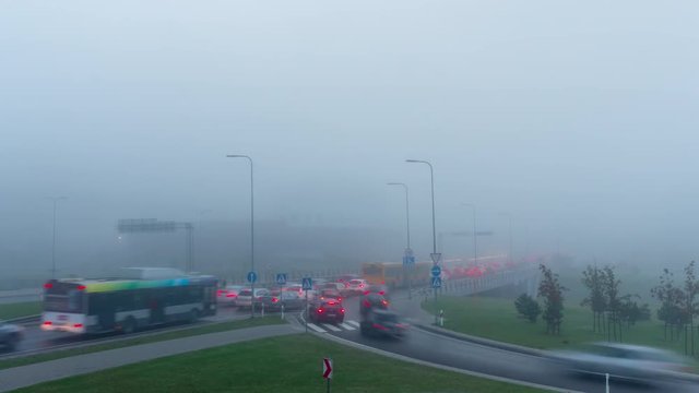Morning traffic jam in the fog, time-lapse