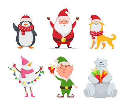 Christmas characters in cartoon style. Santa, yellow dog, elf. Penguin and snowman