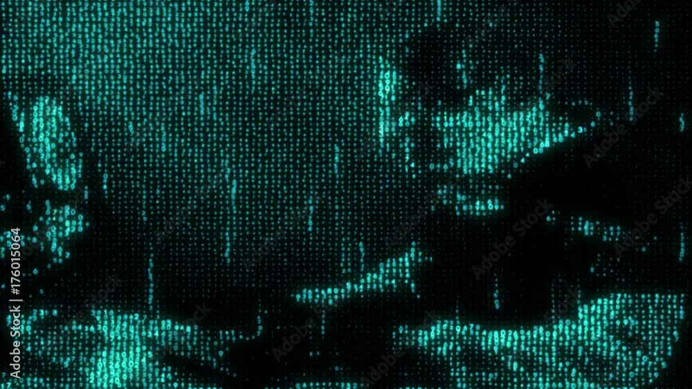 Poster hacker working on the computer, the code reflect his face in a dark office room