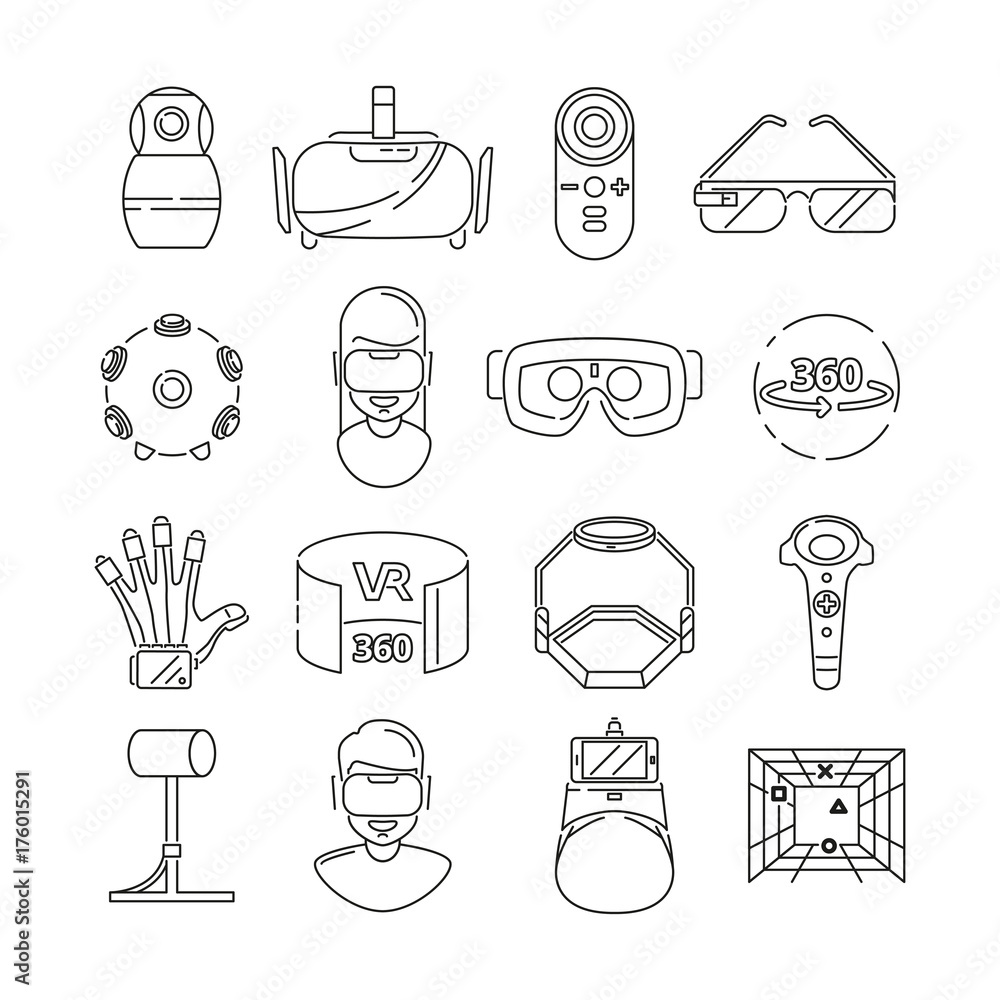 Poster linear symbols of technology. virtual reality and vr glasses. 3d rotation