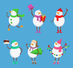 Vector mascot design of funny snowmen. Xmas characters set