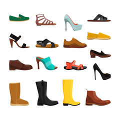 Different casual shoes of men and women. Vector pictures set