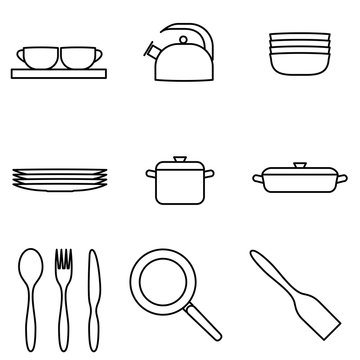 Vector Illustration of Thin Line Icons for Dishes. Editable Line. Collection 32. Linear Symbols Set: Cups, Kettle, Plates, Casserole, Spoon, Fork, Knife, Frying pan, Shovel.
