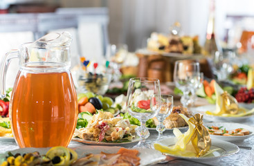 Banquet table in a restaurant, a wedding in Ukraine, set