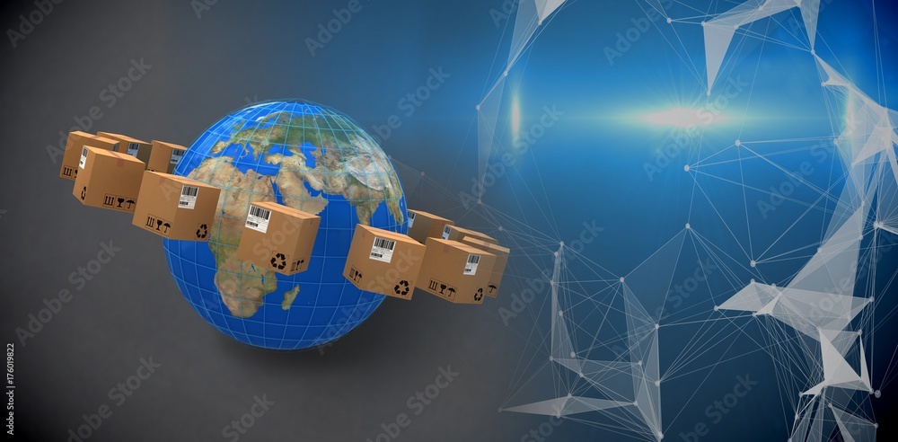 Poster composite image of world map amidst cardboard boxes
