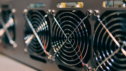 farm for mining crypto currency on video cards close-up. Device for mining crypto currency.Mining cryptocurrency.  Machines for mining cryptocurrency, bitcoin.