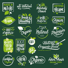 Set of labels and badges for organic food and drink, restaurant, food store, natural products, farm fresh food,  e-commerce, healthy product promotion. - obrazy, fototapety, plakaty