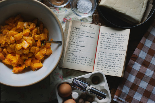Recipe book open at a page for pumpkin pie.