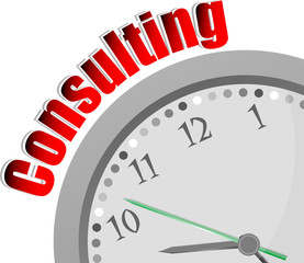 Text Consulting. Business concept . Color word and modern clock on white