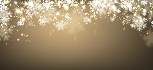 Golden winter banner with snowflakes.