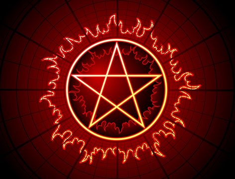 Fire Pentagram with grid on dark background