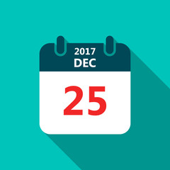 Christmas Day 25 December Calendar Icon. Vector illustration in flat style with long shadow