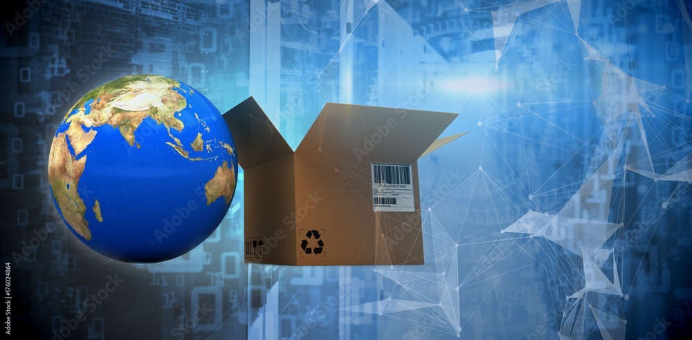 Poster composite image of world map and brown box