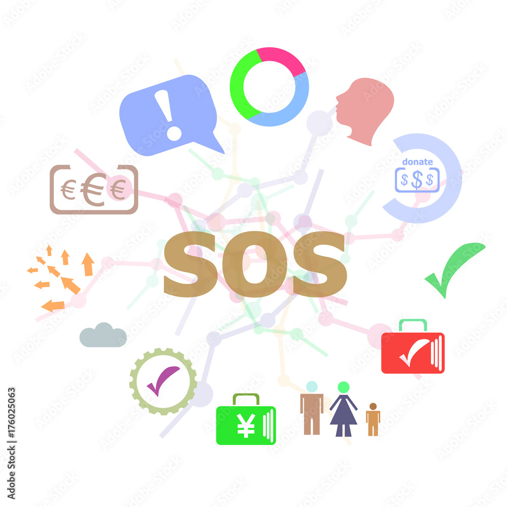 Poster text sos. social concept . set of line icons and word typography on background. creative solution co