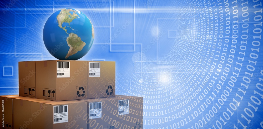 Poster composite image of composite image of globe on cardboard boxes