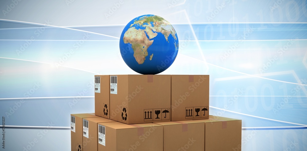 Sticker Composite image of blue globe on brown cardboard boxes