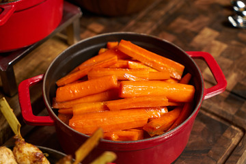 Delicious fresh vegetable carrots in the cooking pan