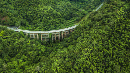 An aerial view of  Road or bridge is in the middle of a forest