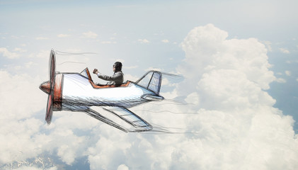 man flying in retro plane. Mixed media