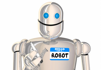 Obraz na płótnie Canvas Robot Hello Name Tag Android Artificial Intelligence AI Bot 3d Illustration