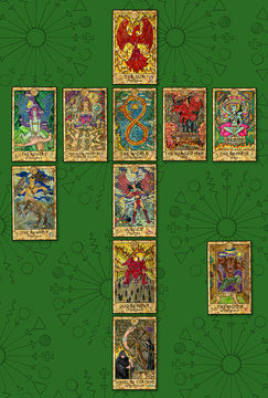 Background with layout of Tarot cards on green. Wicca and pagan concept