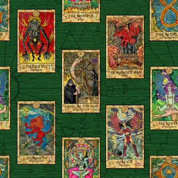 Seamless background with layout of colorful Tarot cards. Wicca and pagan concept
